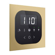 Satin brass square wall plate with black digital display showing 110 degrees and control buttons below screen.