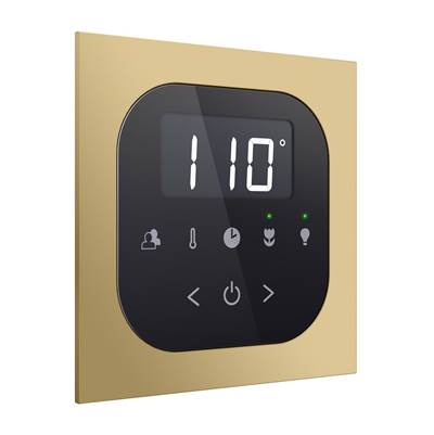 Satin brass square wall plate with black digital display showing 110 degrees and control buttons below screen.