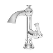 Satin silver single-hole bathroom faucet with curved spout and lever handle.