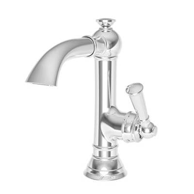 Satin silver single-hole bathroom faucet with curved spout and lever handle.