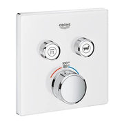 Grohe chrome thermostatic shower trim with white square plate, two control buttons, and large temperature dial with red and b