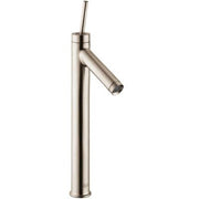 Tall brushed nickel single-hole bathroom faucet with angled spout and vertical handle.