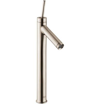 Tall brushed nickel single-hole bathroom faucet with angled spout and vertical handle.