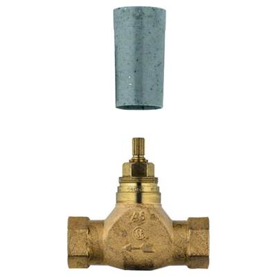 Brass volume control rough-in valve with metal cylinder sleeve and threaded stem connector.