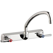 Chrome wall-mounted workboard faucet with dual supply handles and curved spout.
