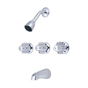 Polished chrome three-handle tub and shower set with showerhead, spout, and valve trim.