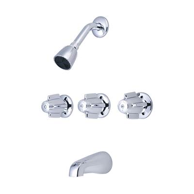 Polished chrome three-handle tub and shower set with showerhead, spout, and valve trim.