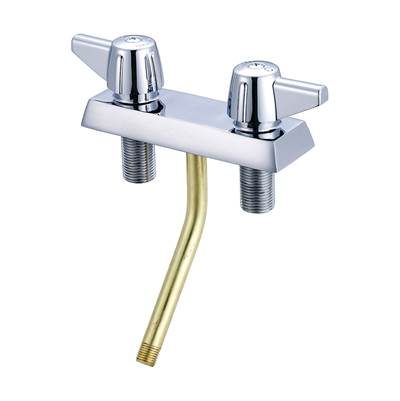 Polished chrome two-handle shampoo faucet with brass spout and lever handles on white mounting plate.