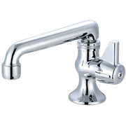 Polished chrome single handle bar faucet with curved spout and lever handle on pedestal base.