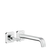 Chrome wall-mounted lavatory faucet with single handle lever and curved spout.