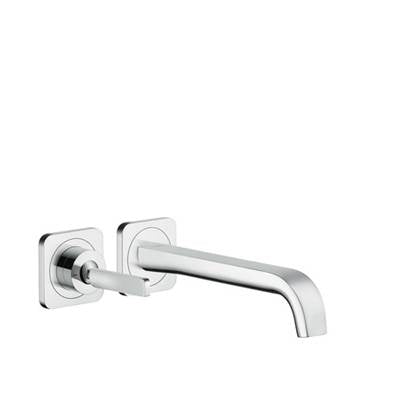 Chrome wall-mounted lavatory faucet with single handle lever and curved spout.