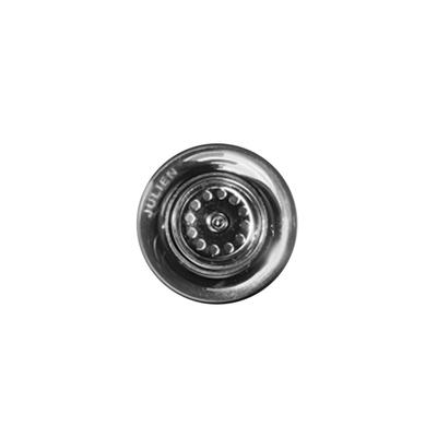 Stainless steel sink strainer basket with perforated center drain holes and raised rim, viewed from above.