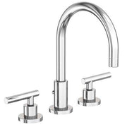 Chrome widespread bathroom sink faucet with curved spout and two lever handles on cylindrical bases.