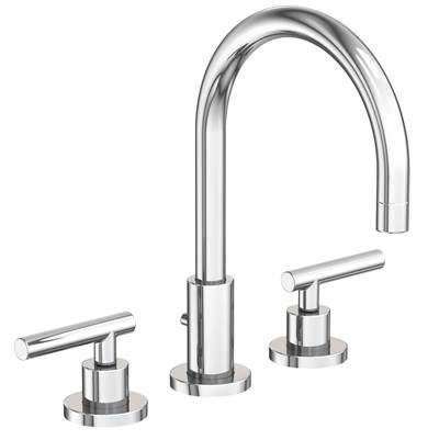 Chrome widespread bathroom sink faucet with curved spout and two lever handles on cylindrical bases.
