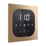 Square brushed bronze steam shower control panel with digital display showing 110 degrees and button controls.