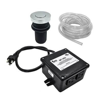 Brushed nickel air switch kit for garbage disposal with control unit, tubing, power cord, and countertop button.
