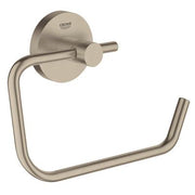 Brushed nickel toilet paper holder with curved arm and circular wall-mounted backing plate.