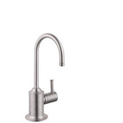 Stainless steel beverage faucet with curved gooseneck spout and single side handle on round base.