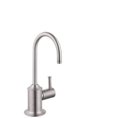 Stainless steel beverage faucet with curved gooseneck spout and single side handle on round base.