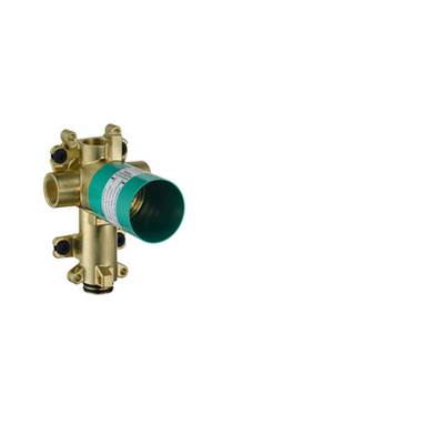 Brass shower diverter valve with teal handle and multiple connection ports for three-way water flow control.