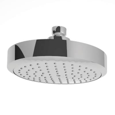 Polished chrome round shower head with spray holes and adjustable arm connector.