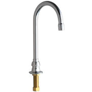 Chrome gooseneck faucet spout with brass base and pull-down spray head.