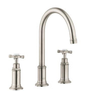 Brushed nickel widespread bathroom faucet with curved spout and cross handles on either side.