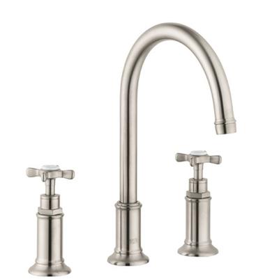 Brushed nickel widespread bathroom faucet with curved spout and cross handles on either side.
