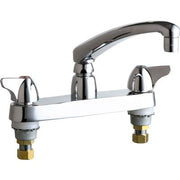 Chrome two-handle deck-mounted sink faucet with arched spout and lever handles.