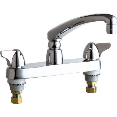 Chrome two-handle deck-mounted sink faucet with arched spout and lever handles.