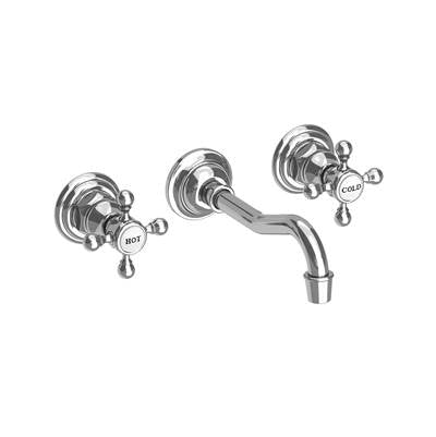 Chrome wall-mount bathroom faucet with curved spout and two cross-handle controls on circular backplates.