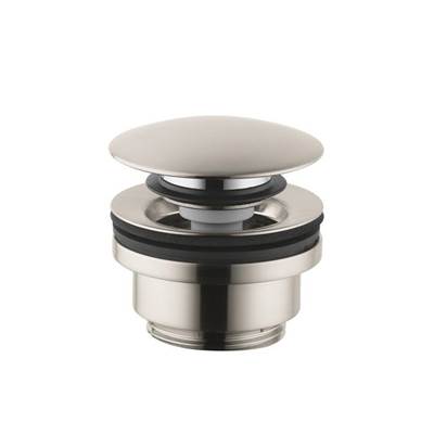 Brushed nickel push-open drain with flat circular cap and cylindrical body for sink installation.