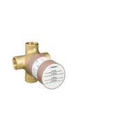 Brass 3-way diverter valve with round control cartridge and threaded ports for plumbing installation.