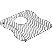 Stainless steel sink grid with parallel slat design and center drain opening, curved wavy edges.