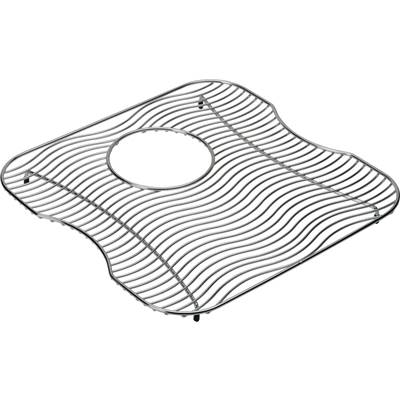 Stainless steel sink grid with parallel slat design and center drain opening, curved wavy edges.