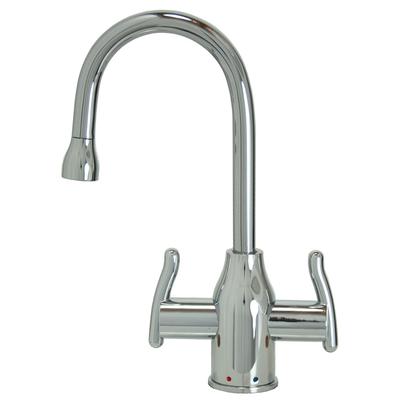 Polished chrome hot and cold water dispenser faucet with high curved spout and dual lever handles.