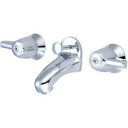 Polished chrome two-handle lavatory faucet with slant back spout and separate hot and cold valve handles.