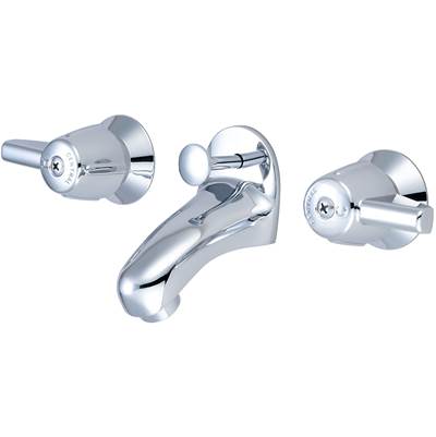 Polished chrome two-handle lavatory faucet with slant back spout and separate hot and cold valve handles.
