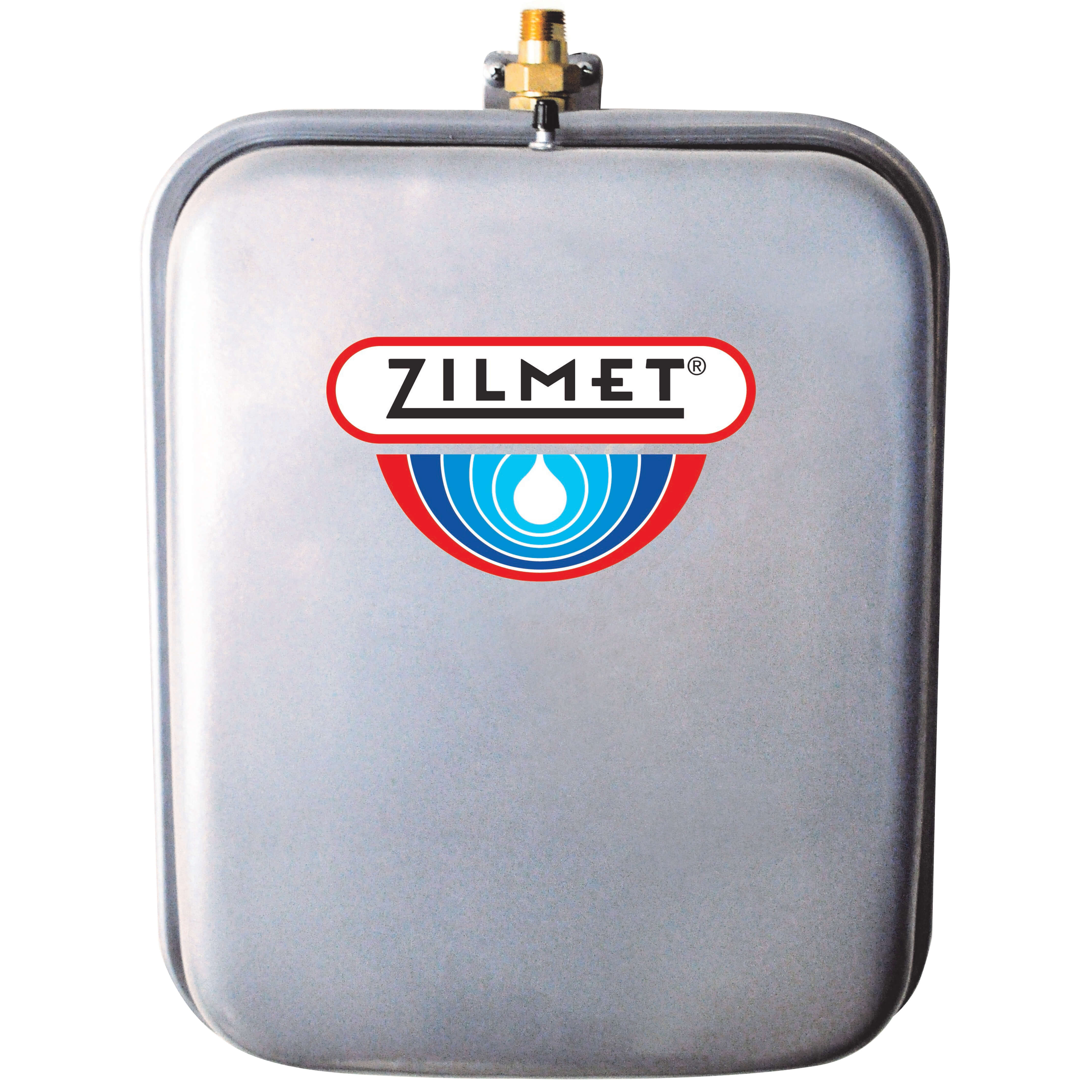 Zilmet ZFT8R 2.1 gal flat rectangular hydronic tank with 1/2" NPT connection, union (two-way check valve), and welded bracket
