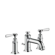 Chrome widespread faucet with two lever handles and curved low spout in polished finish.