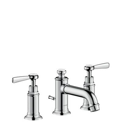 Chrome widespread faucet with two lever handles and curved low spout in polished finish.