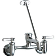 Chrome wall-mounted sink faucet with dual lever handles, tall curved spout, and hot and cold water connections.