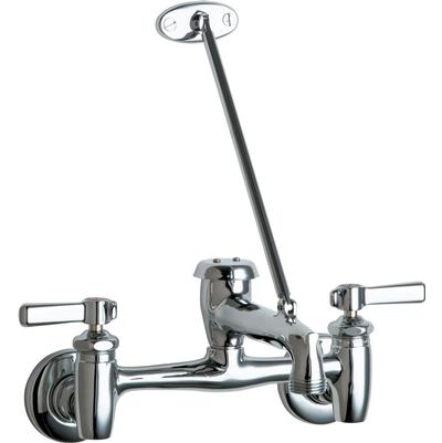 Chrome wall-mounted sink faucet with dual lever handles, tall curved spout, and hot and cold water connections.