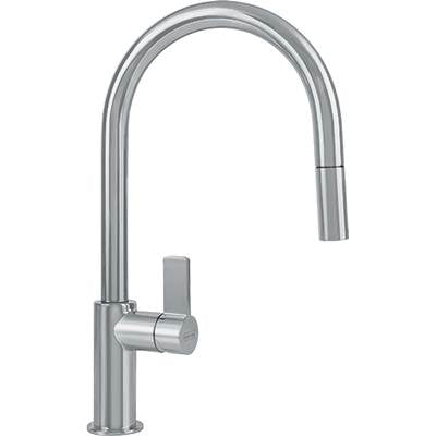 Satin nickel kitchen faucet with high arched spout and pull-down spray head.