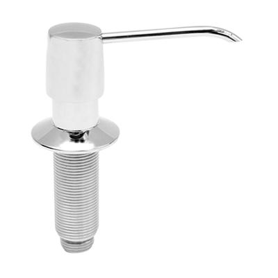 Satin chrome soap dispenser with white pump and curved spout mounted on threaded cylindrical base.