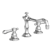 Chrome widespread bathroom sink faucet with two lever handles and curved spout, featuring traditional Chesterfield styling.