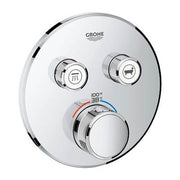 Chrome thermostatic shower valve trim with two rectangular control buttons above a large central dial, displaying temperature