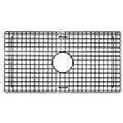 Stainless steel sink grid with square perforations and circular drain hole, 20.5" x 14.5".