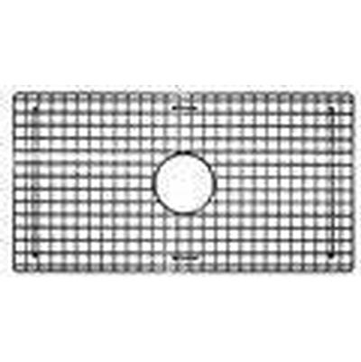 Stainless steel sink grid with square perforations and circular drain hole, 20.5" x 14.5".