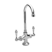 Chrome bar faucet with curved gooseneck spout, dual lever handles, and round base.